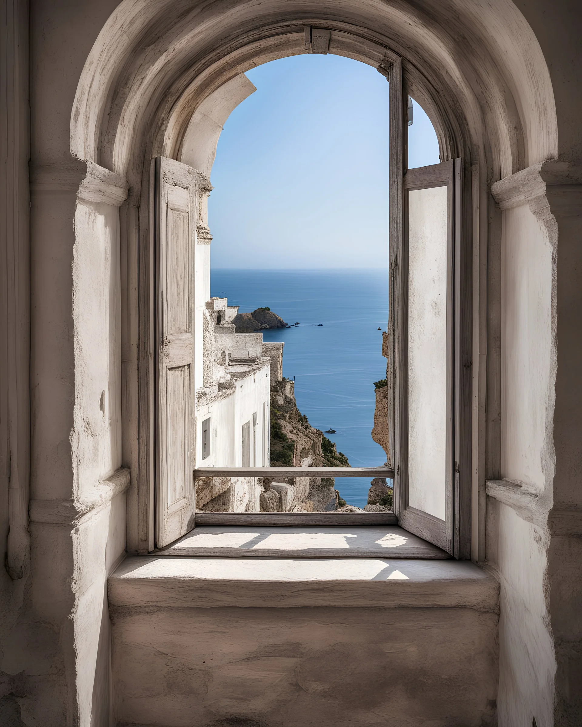 a splendid view of Aegean Sea from an an historic building's window