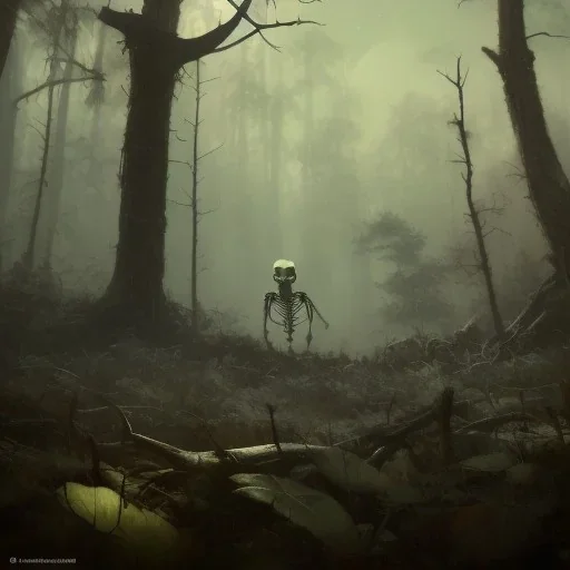 franz frazetta style, skeleton lurking in the forest clearing, night