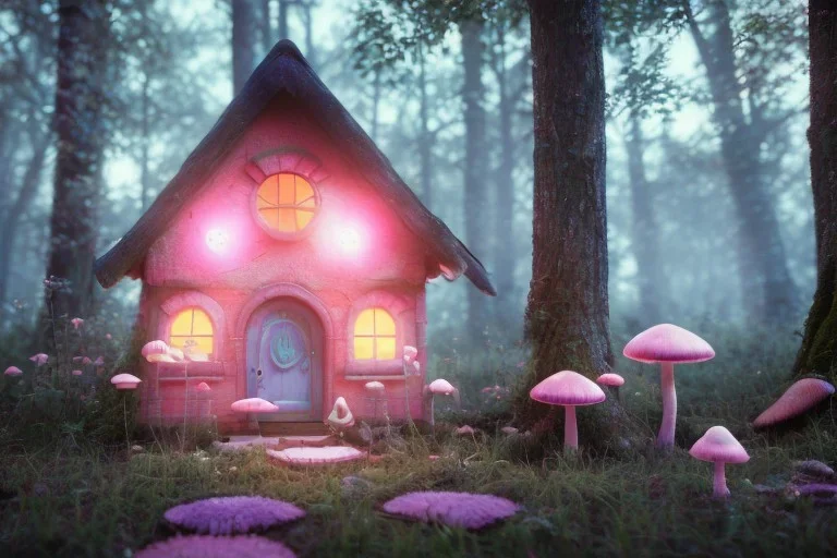 a cute pink and blue fairy house in the forest, spring time, mushrooms, 8k, flickering light, centered, high-quality, fine-detail, digital art, detailed matte, volumetric lighting, illustration, 3D octane render