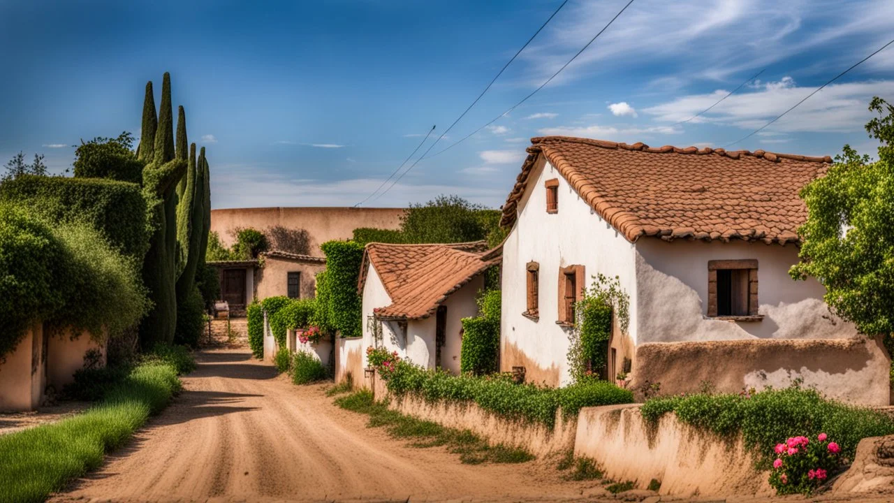 old village houses, European village, dirt road, the last house on the street is the oldest, with an old roof, adobe house, rose bushes in front of the house street photo, cloudy sky