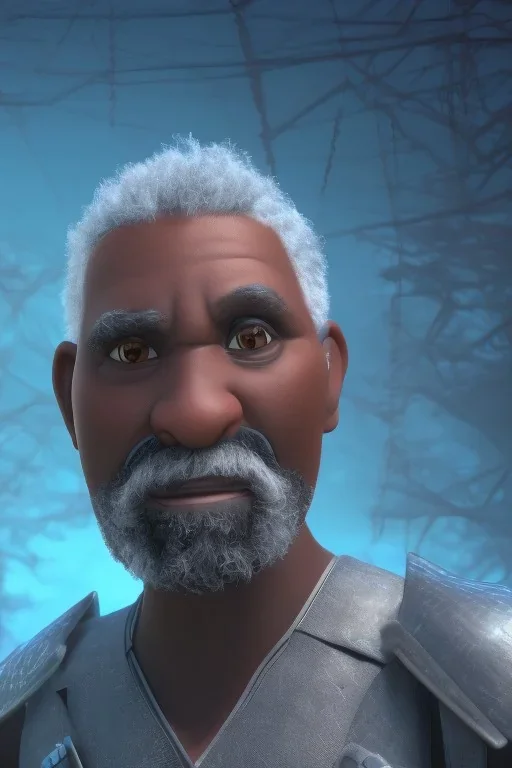 3D render of a cyberpunk tribal old black man, gray hair and goatee, on a dark blue jungle background, digital art