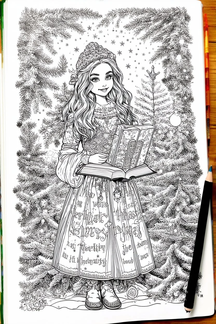 coloring page of a Christmas drawing, A4, white background, black and white, magical book style