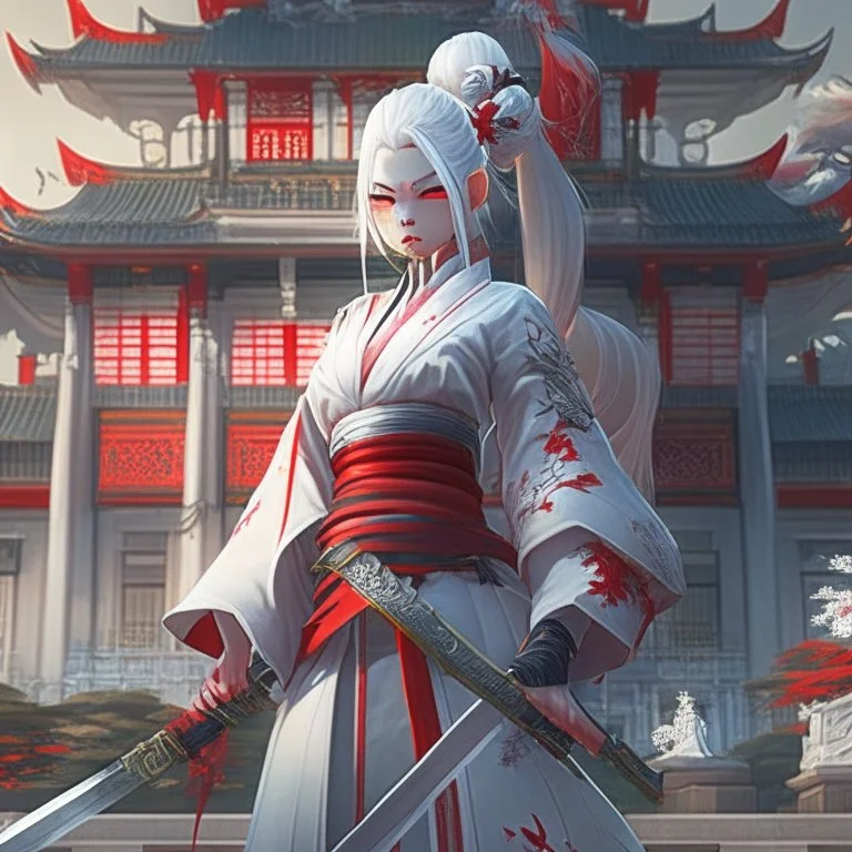 UHD, hd, 8k, hyperrealism, Very detailed, zoomed out view, full character in view, white hair female demon character wearing a hanbok with a white top and long red bottom, she holds a katana in her right hand, she stands in front of a Japanese style palace digital art, anime, full details