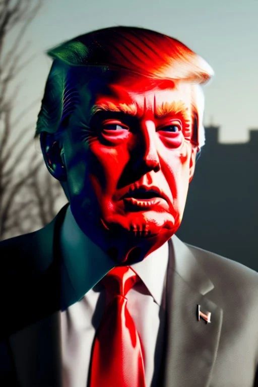 Ultra realistic image, Donald trump zombie, zombie performance, suit, skull, blood, torn arm, night, walking twisted, waist up view, thriller style, dark ambient, highly detailed, White House background, concept art, unreal engine 5, ray tracing, RTX, ultra detail, volumetric lighting, high definition, high resolution.