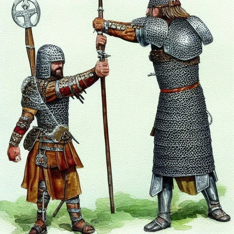 Chain mail, Anglo Saxon, full body, watercolour, spear, shield, standing