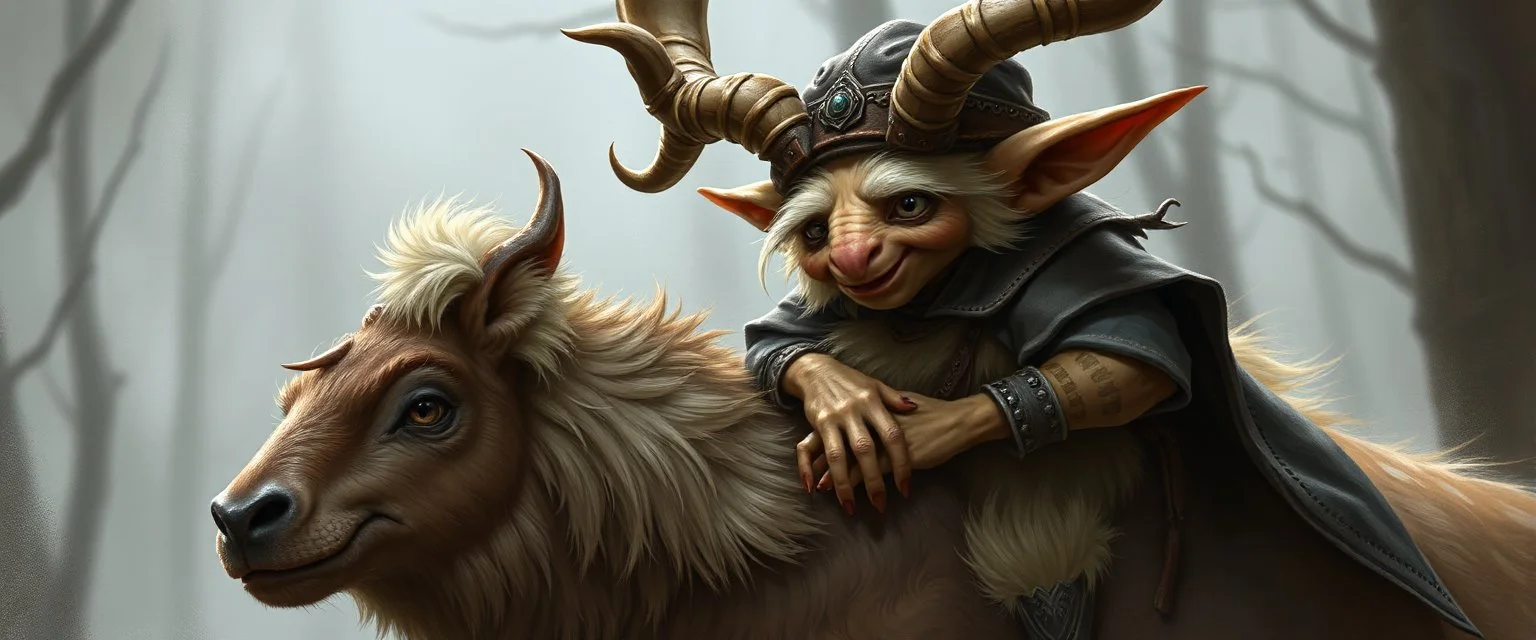 a blonde fluffy gnome quickling kobold gremlin that looks like the opposite of a vampire in bunad leaning on an elk, holding his horns