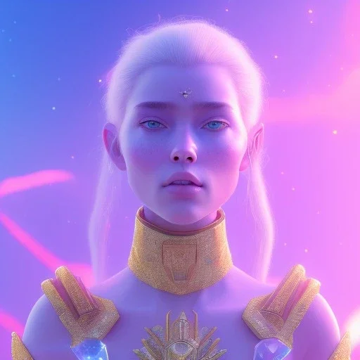 A portrait of a crystalised blue pink extraterrestrial, gold, diamonds, sunny background, atmospheric, realistic, unreal engine, 8k. Cinematic lighting, octane render.