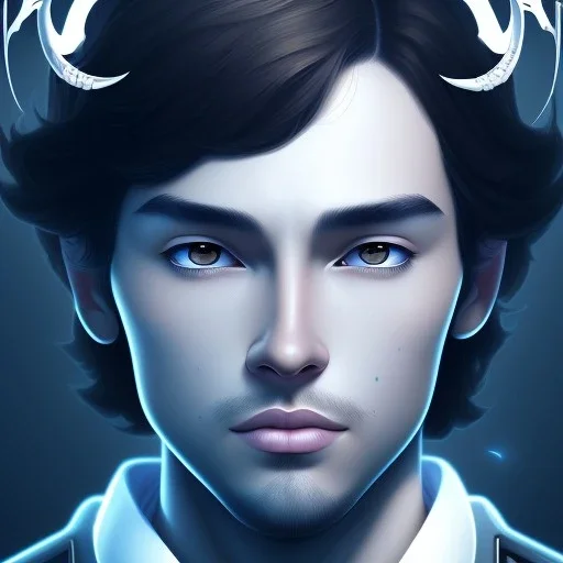 masterpiece - face - anime boy - black long hair - portrait- white iris - white horns on head - sharp eyes - handsome