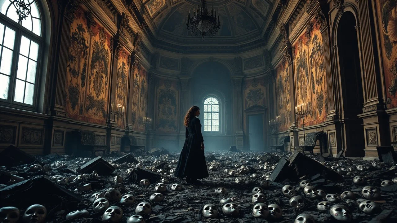 Melancholic Masquerade - Creates an image of an opulent, abandoned masquerade ball in a decaying baroque palace. The walls are adorned with faded golden tapestries and the floor is covered with ornate, discarded masks. A solitary, melancholic figure, dressed in elegant, tattered clothing, stands among the ruins. Style: Inspired by romance and film noir.