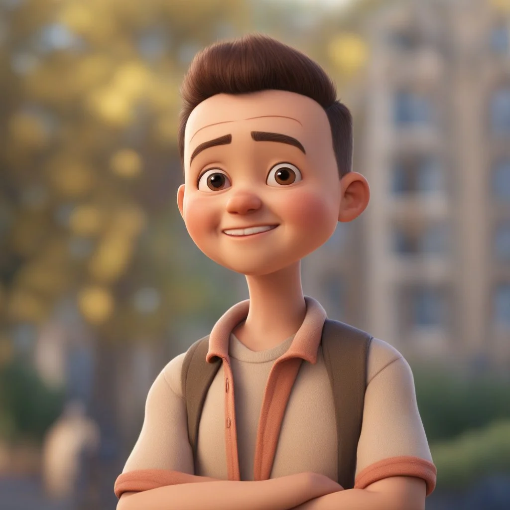 a portrait of smiling young western man. caricature. black hair. short buzz cut hair style. light skin. dark eye pupils. small eyes. small round chubby face shape. a bit small goatee, without moustache. white sweatshirt. pixar style. 3D. 4k. portrait. highly detailed. sharp focus. high resolution. full color. cinema lighting