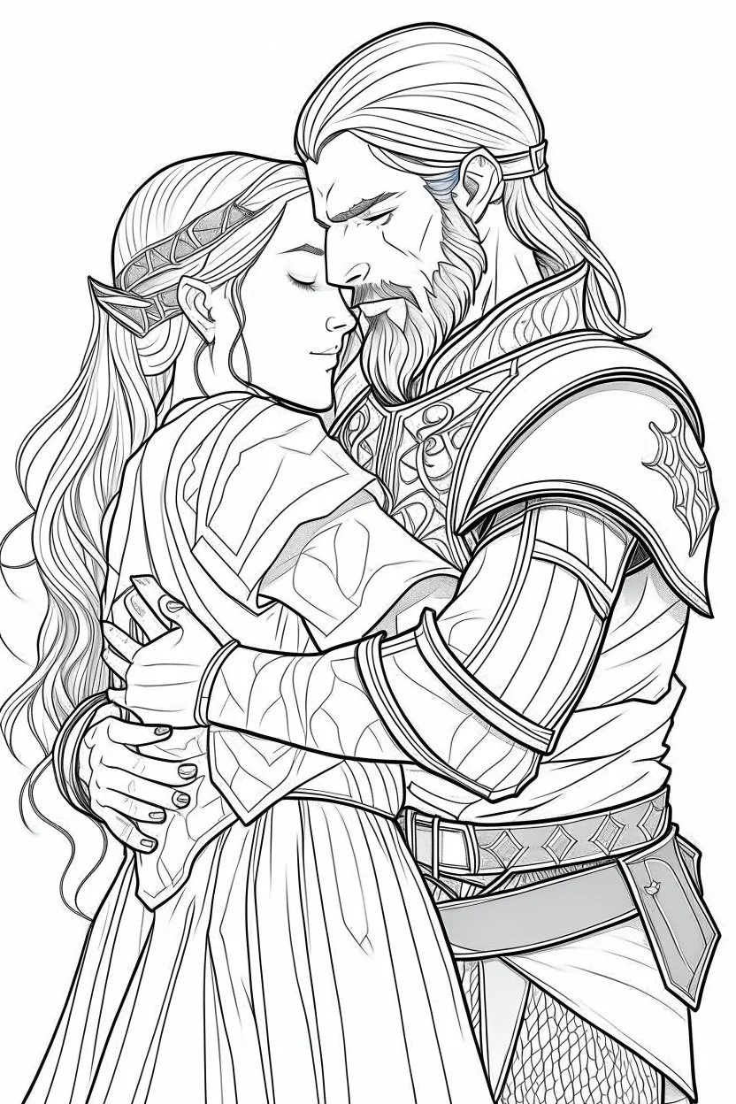 Fantasy coloring page, minimal detail. HD. Woman hugging a male knight with a beard. No background detail.