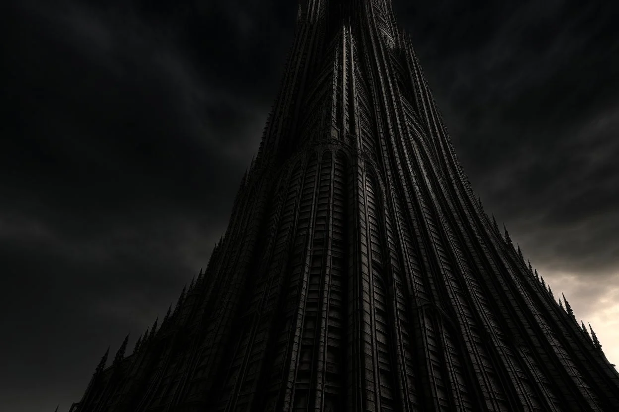 A twisted, dark, cathedral/tower stretching into a cracked sky
