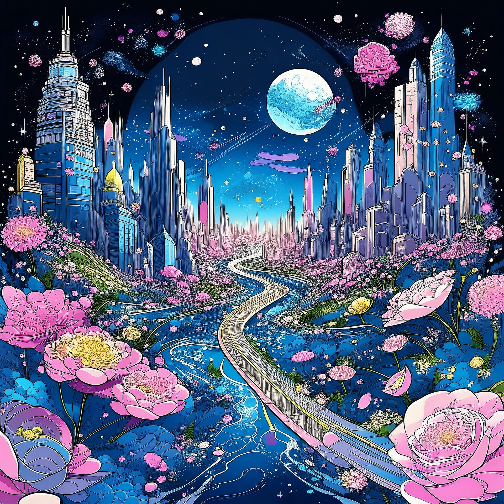 città cosmica con sentiero di fiori rosa azzurro e argento e oro