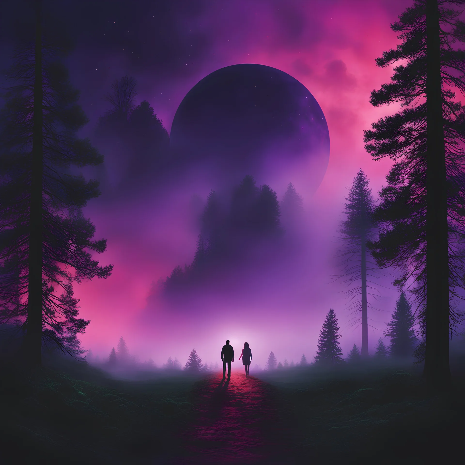 "wide shot ((night sky, red thunder lightnings)), ((pine woods)) ((a duo of (((a long hair) man)) and ((a woman)) backview silhouettes)) a cabin surrounded by red purple mist and green black haloes, ((facing an evanescent foggy form of a giant floating mask of Jason Voorhees, epic melted with the sky)), 80's horror movie poster, ((dark horror synthwave))" ((add urban details, garbage, electrical lines etc))