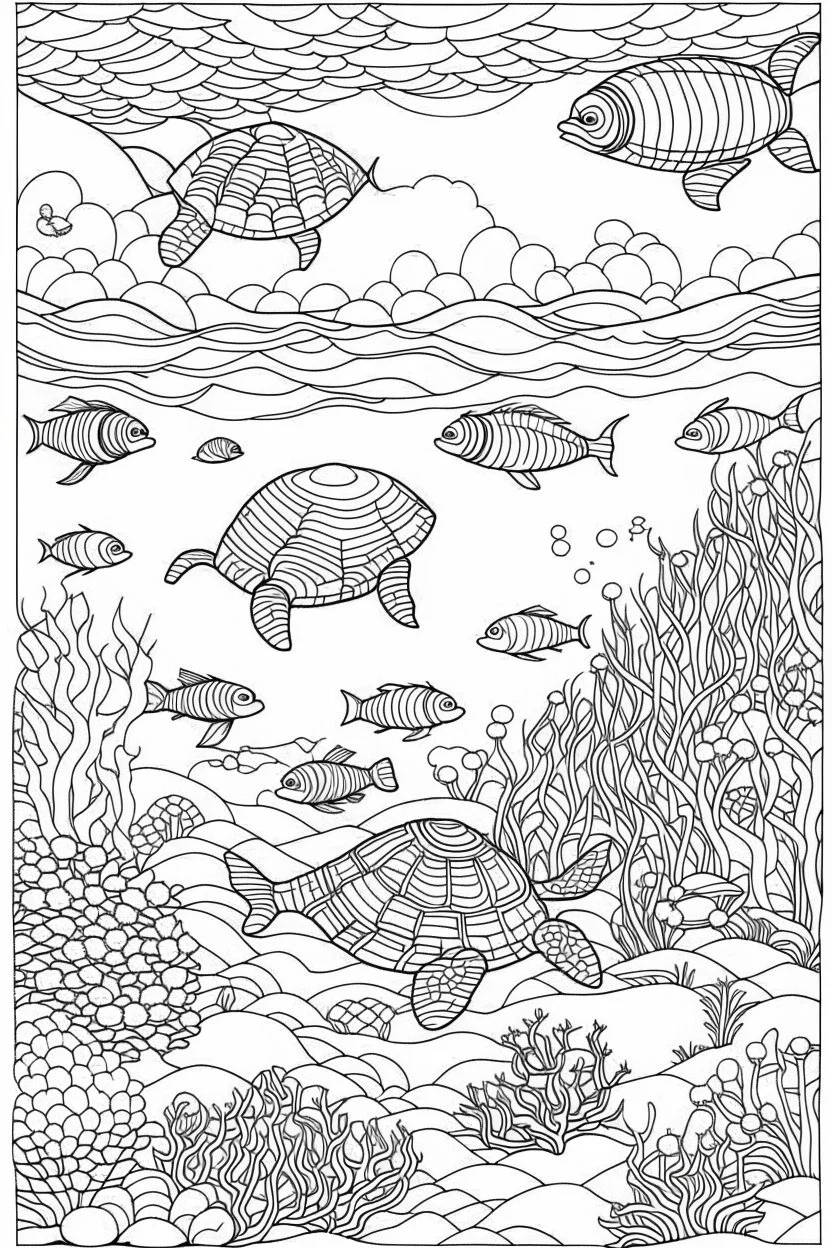 STRESS RELIEF themed coloring page for adult, cartoon style, thick outline, low details, no shading, no color, A serene underwater world with gliding sea turtles and coral