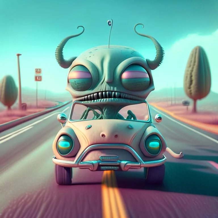 a cartoon alien driving a car down a road, a character portrait by Mike Winkelmann, featured on cgsociety, pop surrealism, rendered in cinema4d, daz3d, behance hd