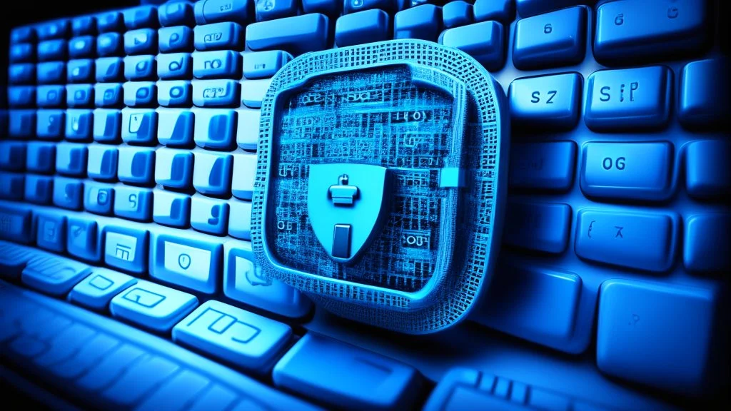 The image closely depicts a computer keyboard secured with a complex digital lock. The blue and white colors reflect the technological and security aspects of the subject. As an expression of digital protection and a focus on security in the era of digital communication, this image represents the balance between technology and personal safeguarding.