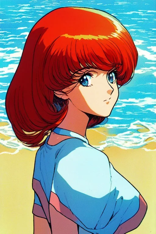 1girl, retro anime, 80's, redhead,portrait, synth-wave, beach