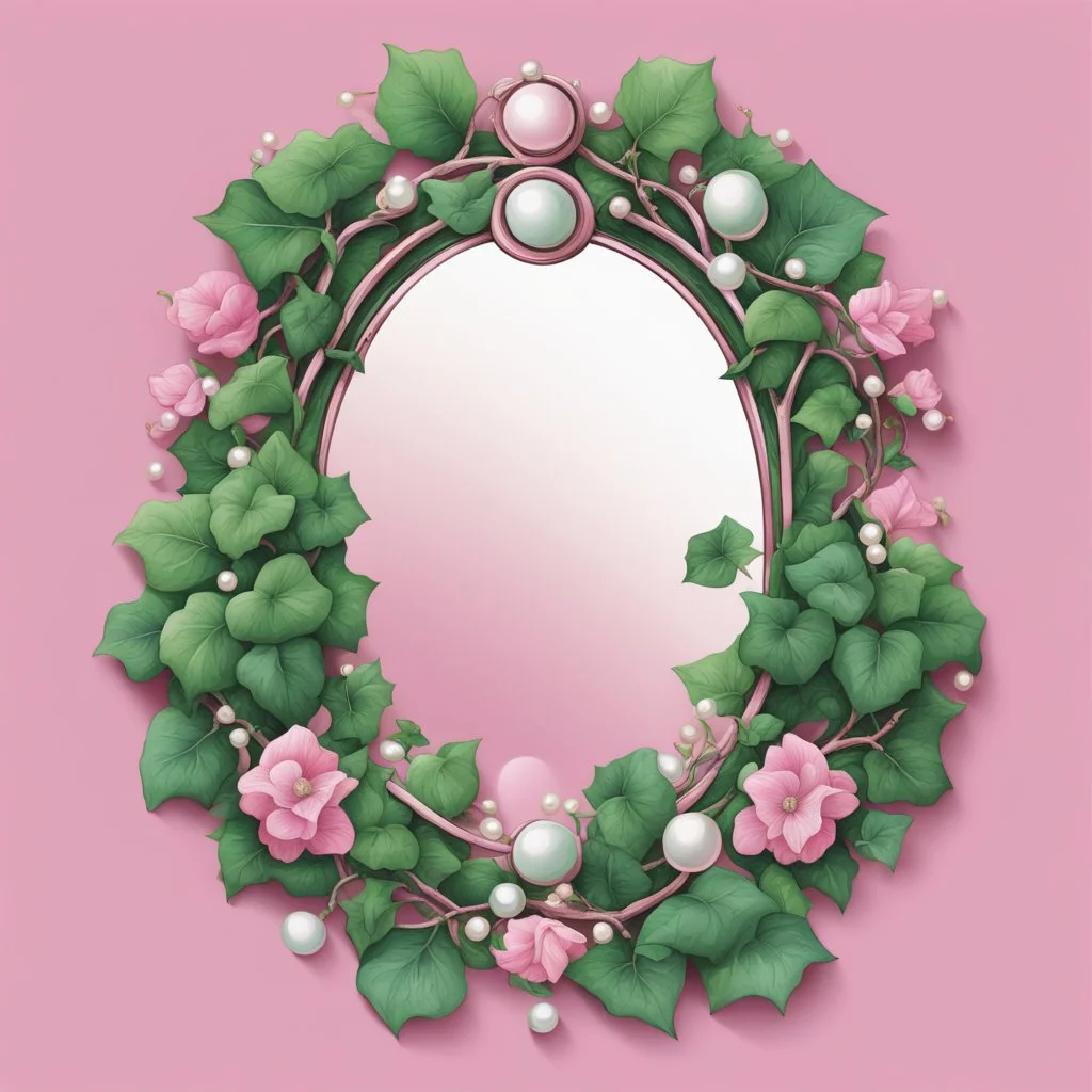 Create an Artwork of a Mirror with ivy branches and pearls necklace, Like a creative Logo for a Varasity Jacket, illustration. Colors should be pink and green