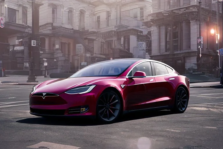 A Tesla 'Model S' is parked, on the streets of San Francisco. (CINEMATIC, WIDE ANGLE LENS, PHOTO REAL)