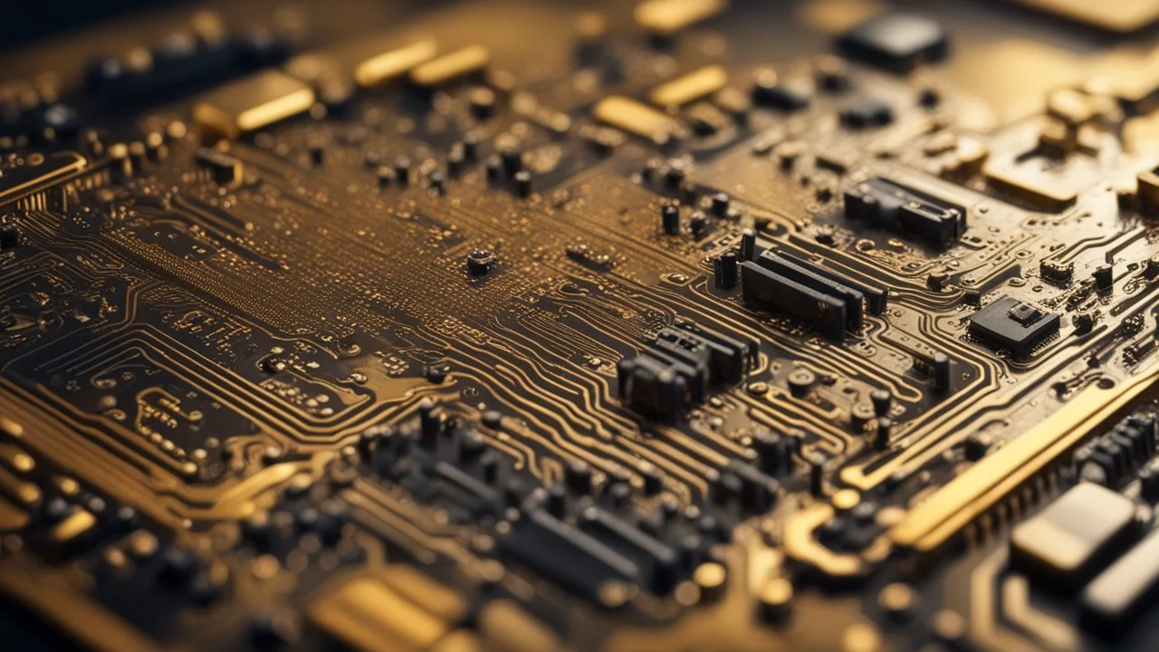 Hyper Realistic Grungy-Golden-Circuit-Board-Background with a proper depth-of-field