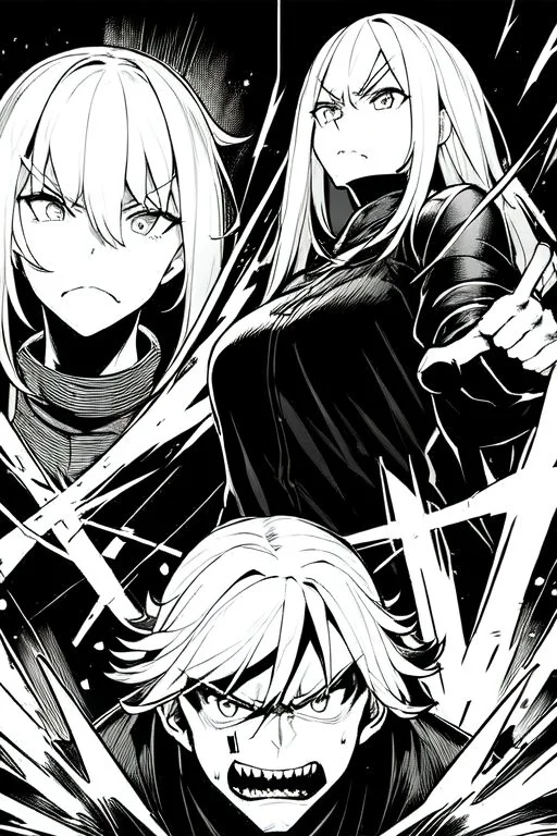 angry blonde girl, angry pose, greyscale