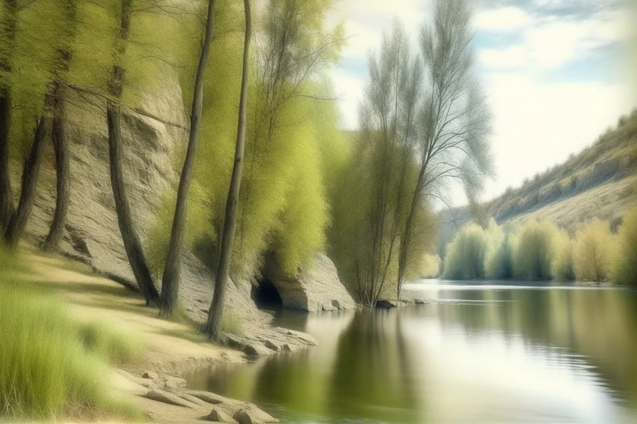 River scene by grey cliffs and trees in pastel chalk