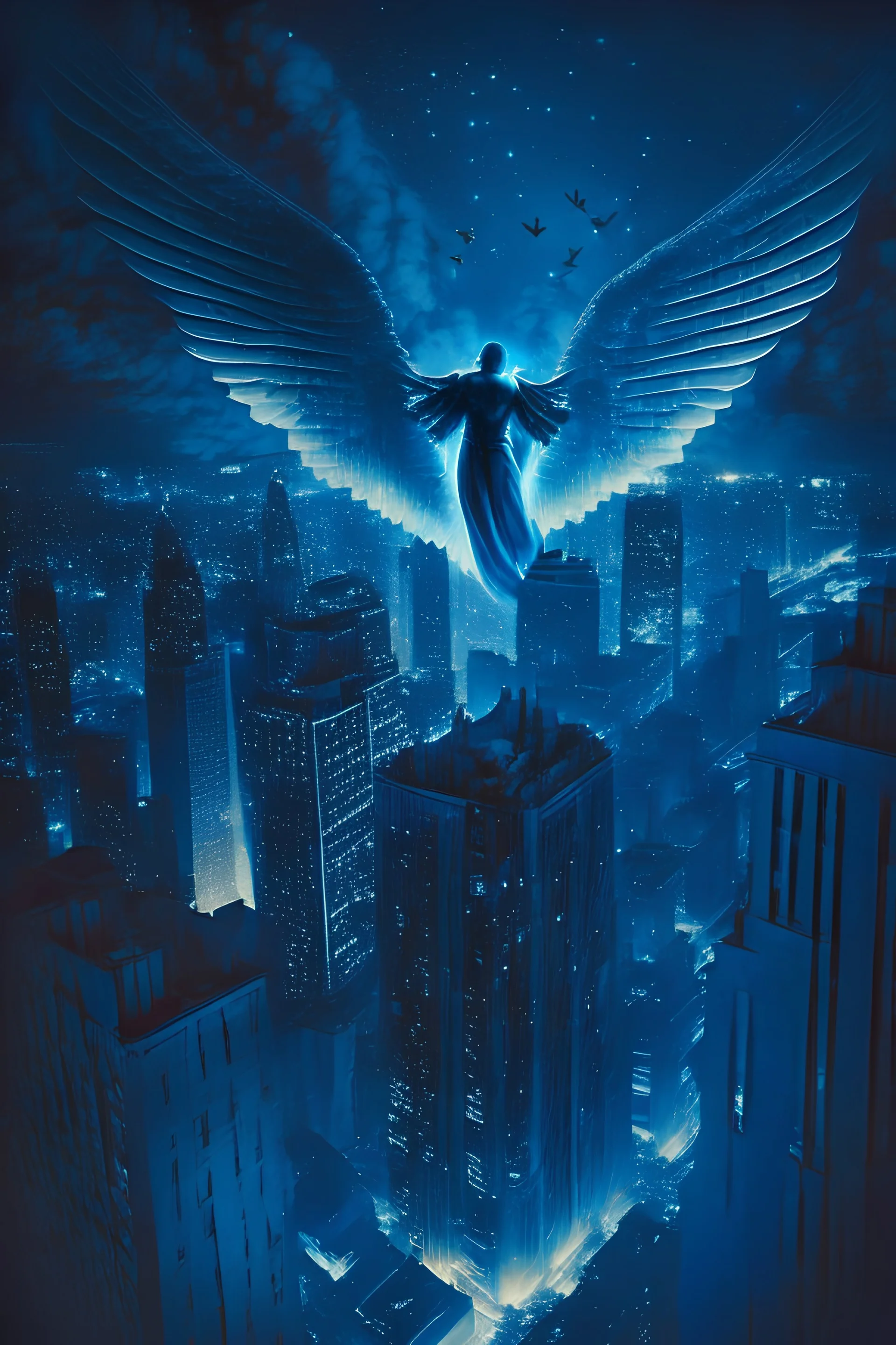 A flying angel over the tall buildings in a city at deep blue night.