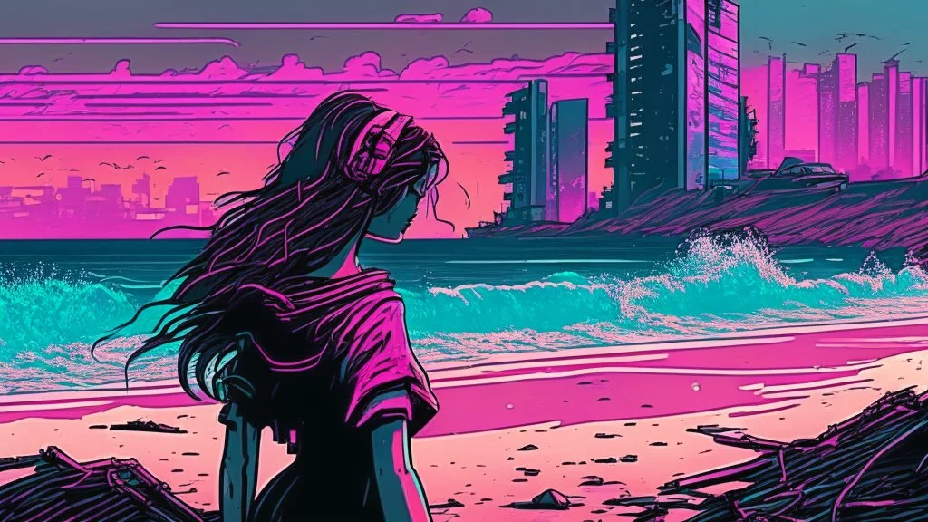 synth-wave beach & city, lone girl, iconic:1.8), comic style