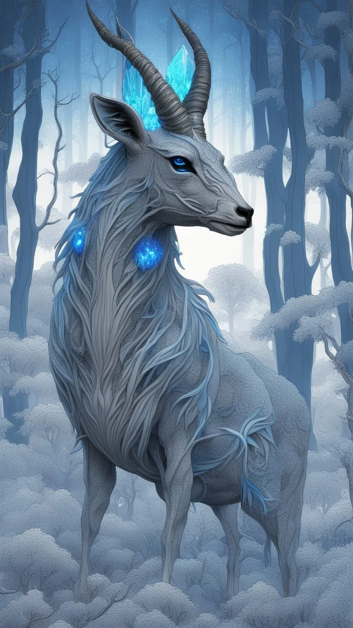 Dark forest, fantasy forest, gazelle with blue neon Crystal horns , intricate details, highly detailed, dreamshaper finetuned model with dynamic art style witg