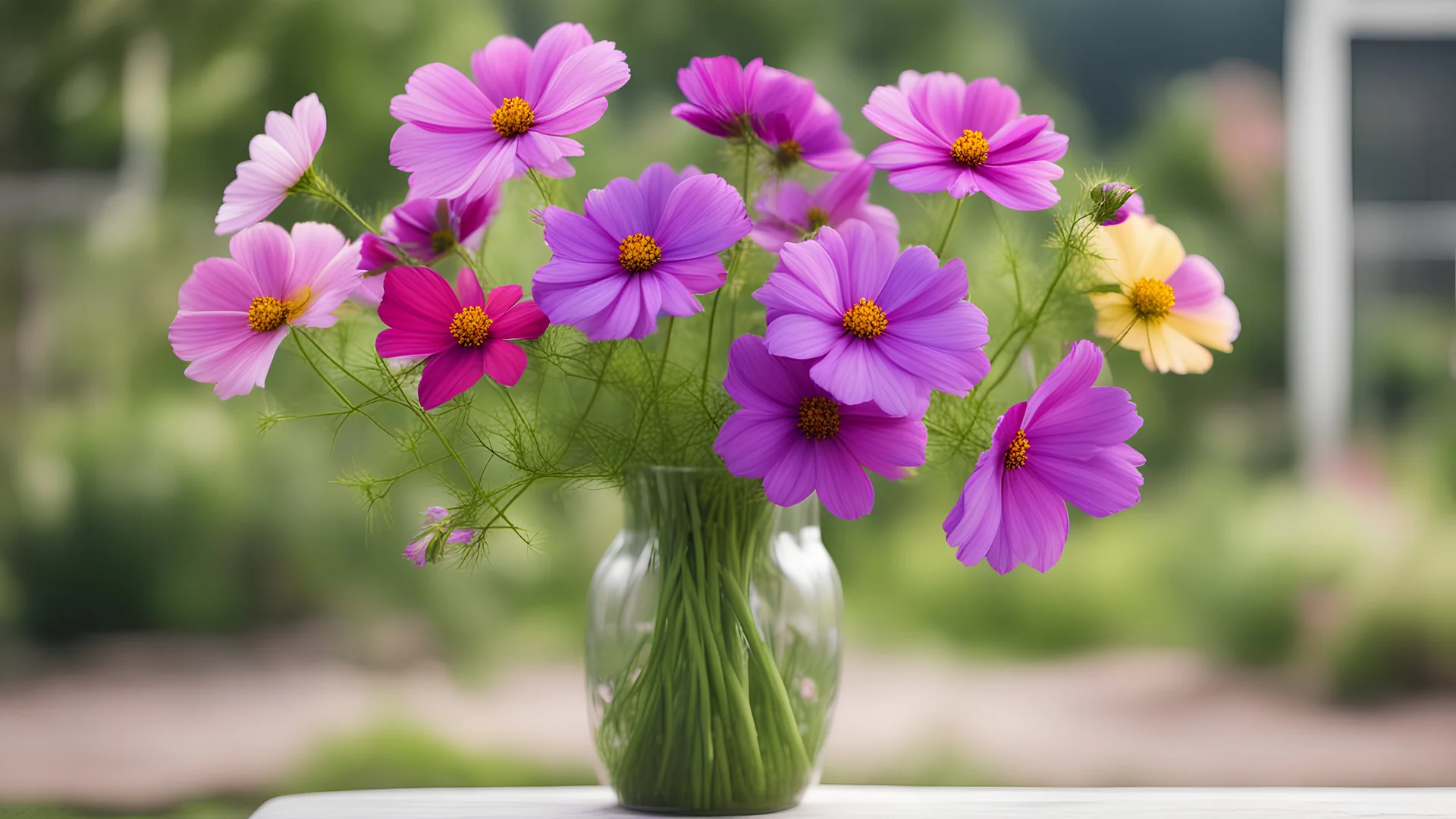 Bouquet of cosmos in vase outdoors