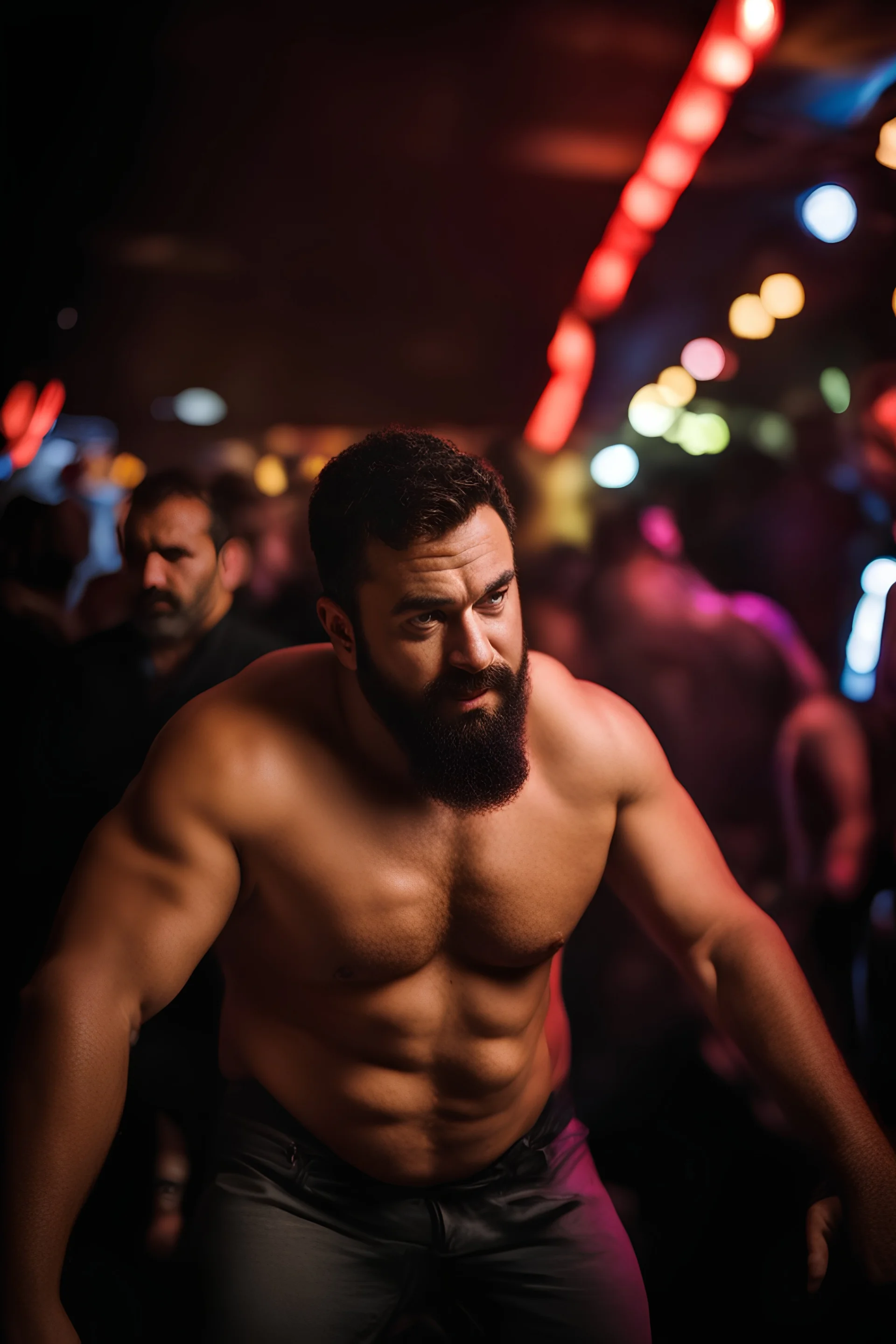 half figure photography of a chubby muscular strong 39-year-old turkish in a discoteque, ajar mouth, shirtless, short beard, bulge, dancing, serious, manly chest, very hairy, side light, view from the ground