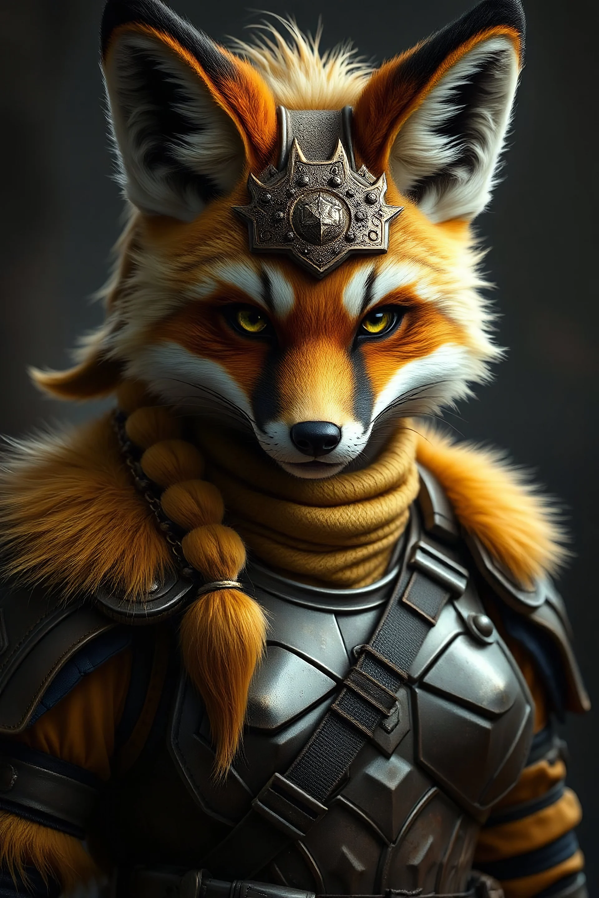 realistic anthro furry fox girl with mustard yellow fur in heavy syfy plate army armor looking serious