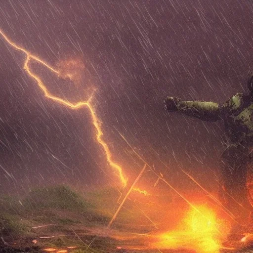 doom scenary. Heavy rain. Epic Lighting in the sky. Knight with magic scroll. Falling meteorite from the sky. Meteorite burning in the distance. Dark mud.