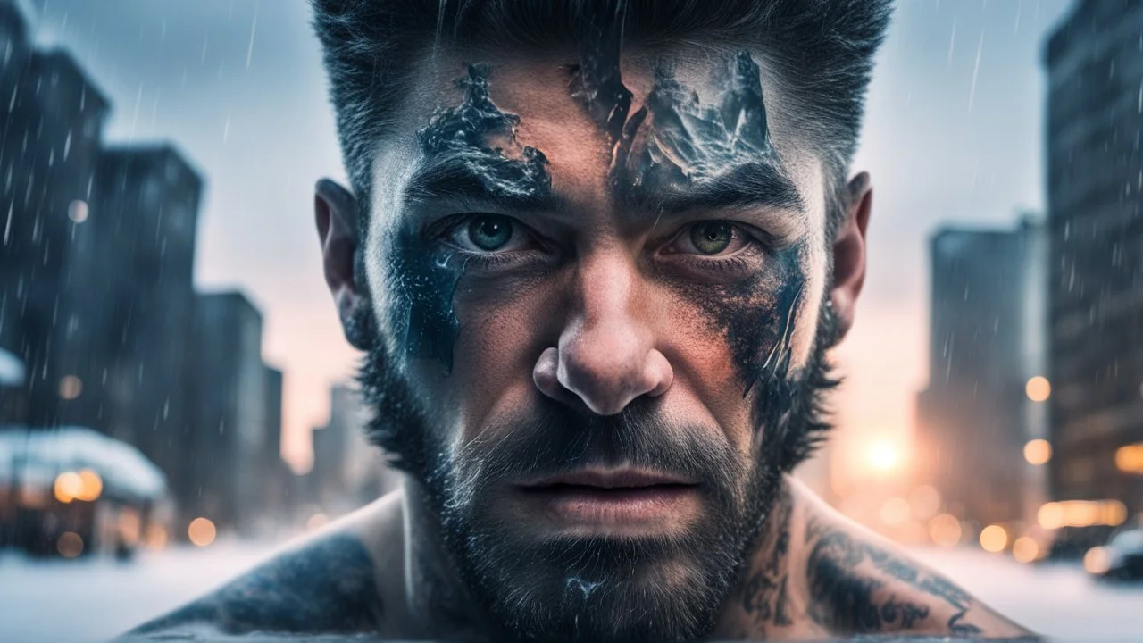 Double exposure, Wolfman, photorealism, man, city, sunset, snow, rain, fantasy, mystical, tattoo, vertical pupils, high detail, high resolution, 8K