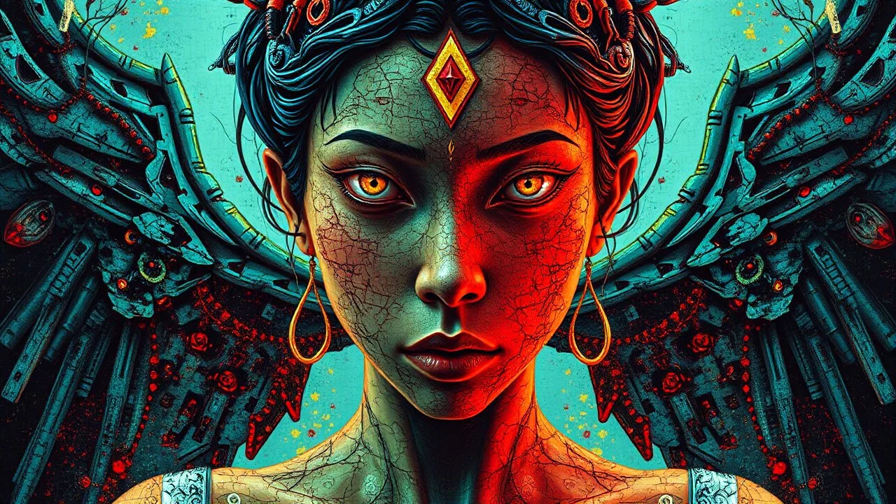 surreal Mondrian style with symmetric pixel art painting of A gothik female lunatic asian in a slightly different pose as a living yonic sculpture, her face double exposure with collage, chaotic abstract shift mpasto art, Disconcerting trippy collage, detailed, mythical symbol of greek, surrealism, anomaly seven heaven. Angellord, demonlord that seem almost sinister. The eerie glow with glitch error' from each compartment casts ghostly iridescent colors onto her dark, textured surface. The backg