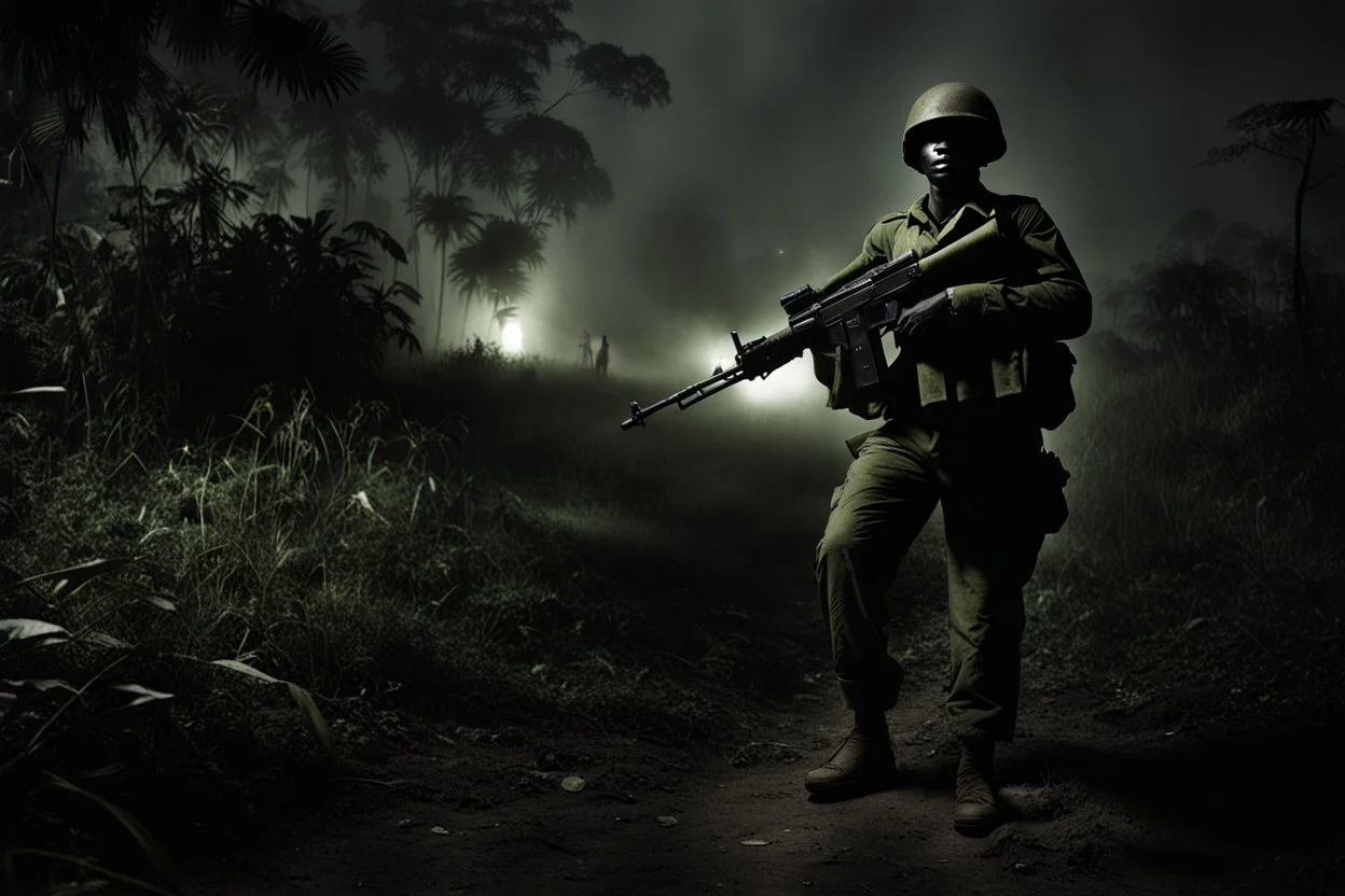 Spectral ghost of a headless soldier carrying a Thompson machine gun through the Congo at night