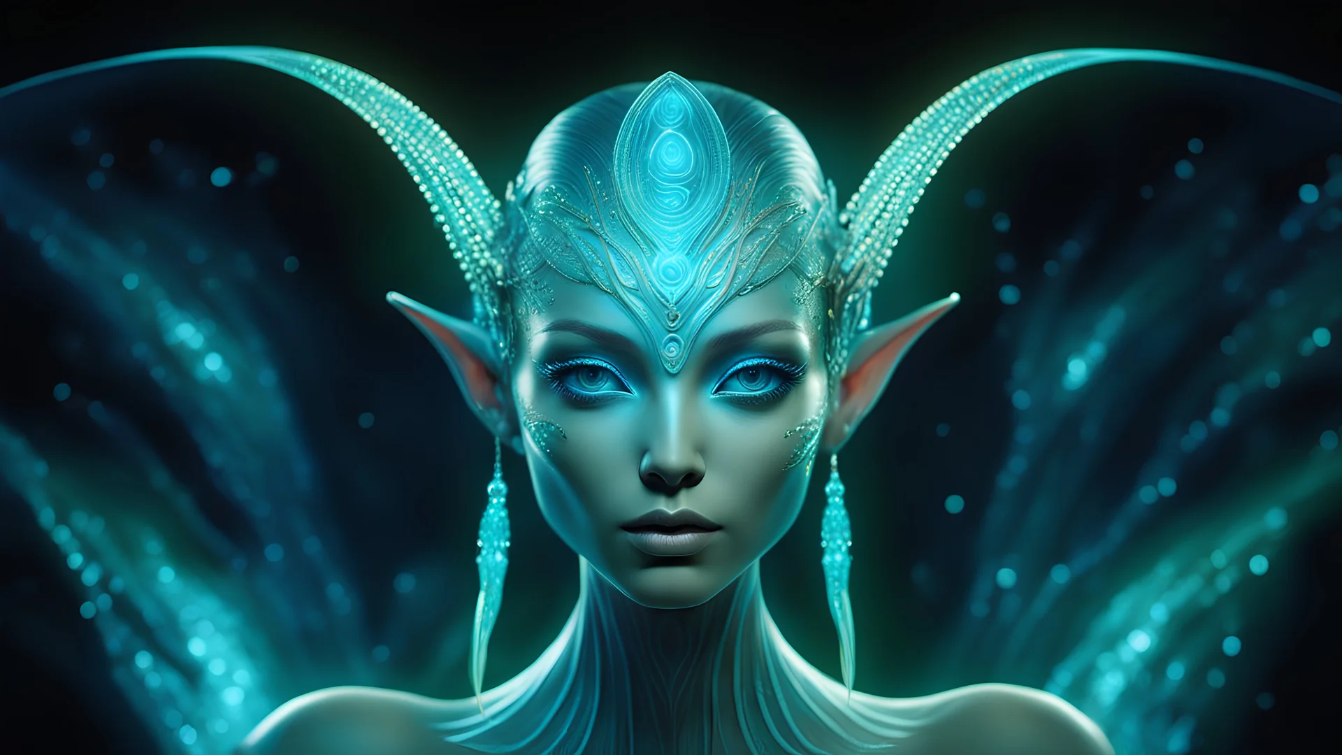 The photo features a bioluminescent and bioluminescent art style depicting a divine female alien god. Bioluminescent moist translucent glowing skin, ethereal glowing eyes, extra long neck, medium front third eye, large head fins and ear fins show off a charming, perfect face in ultra-realistic detail. The composition imitates a cinematic film with dazzling, gold and silver lighting effects. Intricate details, sharp focus, crystal clear skin create high detail.