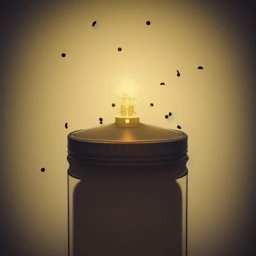 lantern, swarm of glowing fireflies inside a belljar, polaroid, luminescent glow, moody, tender, photorealistic, octane render, golden hour