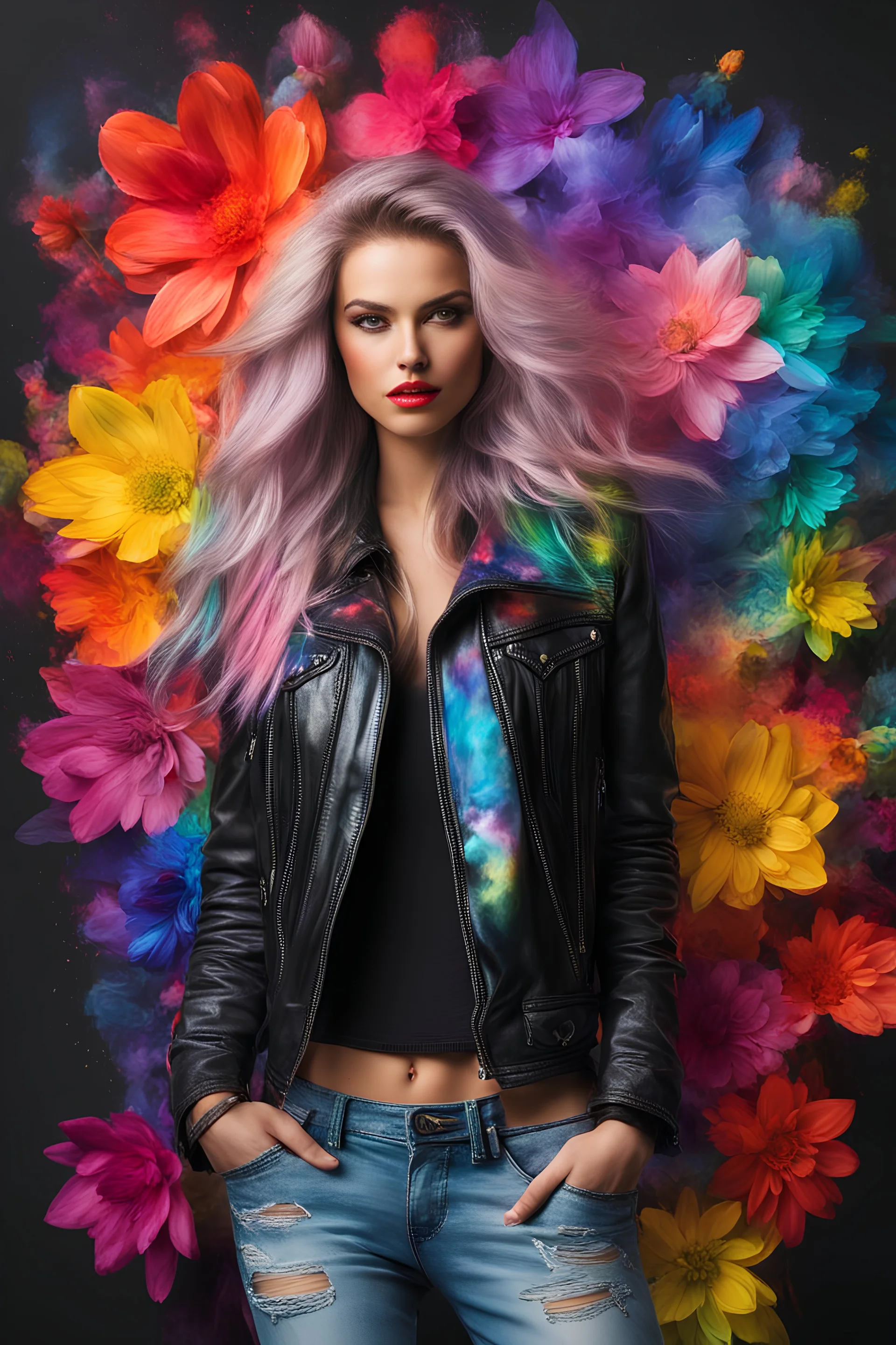 Half body Gorgeous Realistic Photography Super Model European Beautiful young woman,hair colors rainbows as Rocker with clothing abstracts flowers luxury casual leather jacket and levis jeans dressing painting art neons rainbow colors glowing in the dark and colorful details, light leaks boleh colors,flowers background