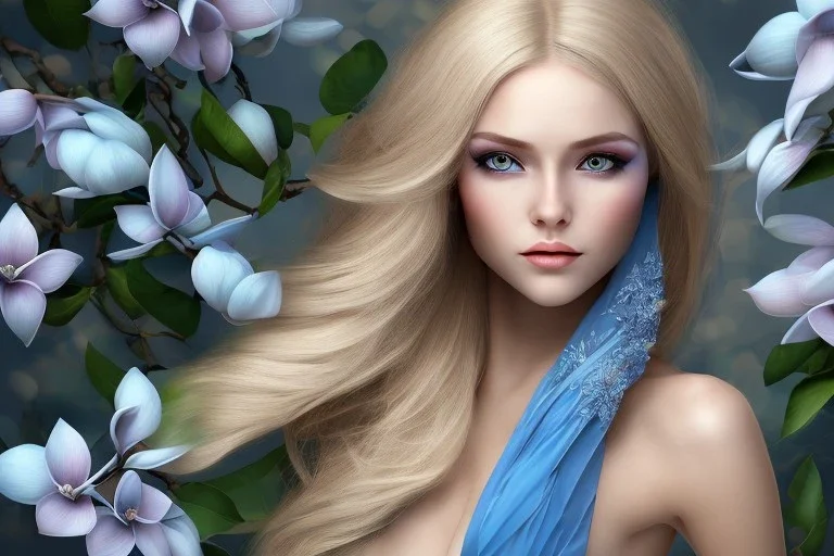femme long cheveux blond yeux bleus , 8k resolution, flower magnolia, beautifulhijab portrait, 8k resolution, flower head and body, beautiful