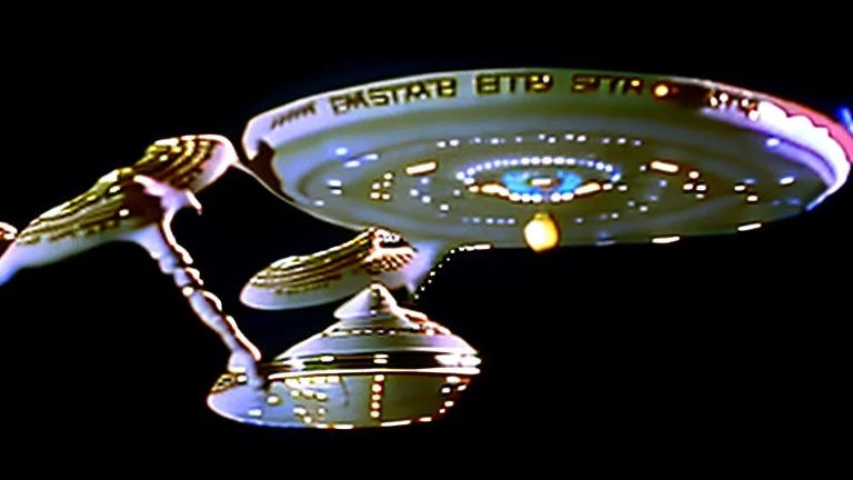 a screen capture from a star trek movie of a battle-damaged starship enterprise IN the year 2380 IS IN A BATTLE with monster ufos sci-fi meticulous, highly-polished, photorealistic, studio production, intricately detailed, GALACTIC, directed by gene Roddenberry, move saucer section forward and nacelles back