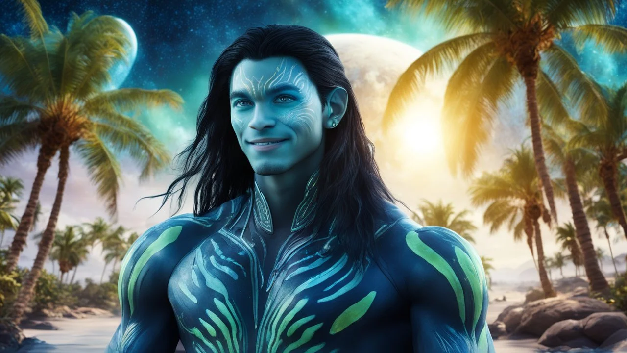 beautiful gorgeous young man na'vi with long hair, Avatar, blue skin, two small ears, green eyes, black hair, in cosmic suit, galactic ambiance, smiling, with spaceship and planets and palm trees and clear crystaline cosmic beach in background