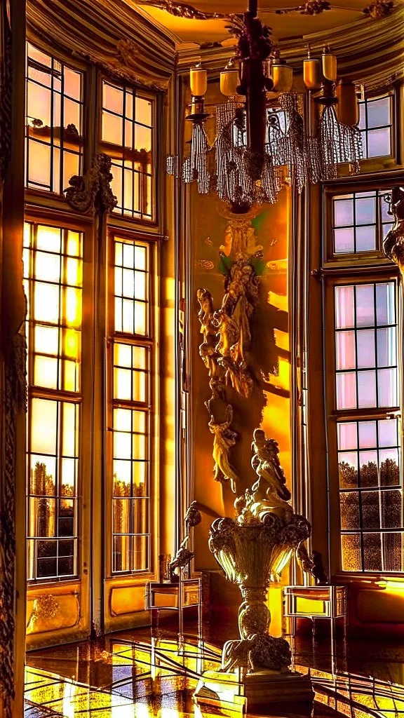 A beautiful image of the windows of the luxurious palace hall with two winged angel statues
