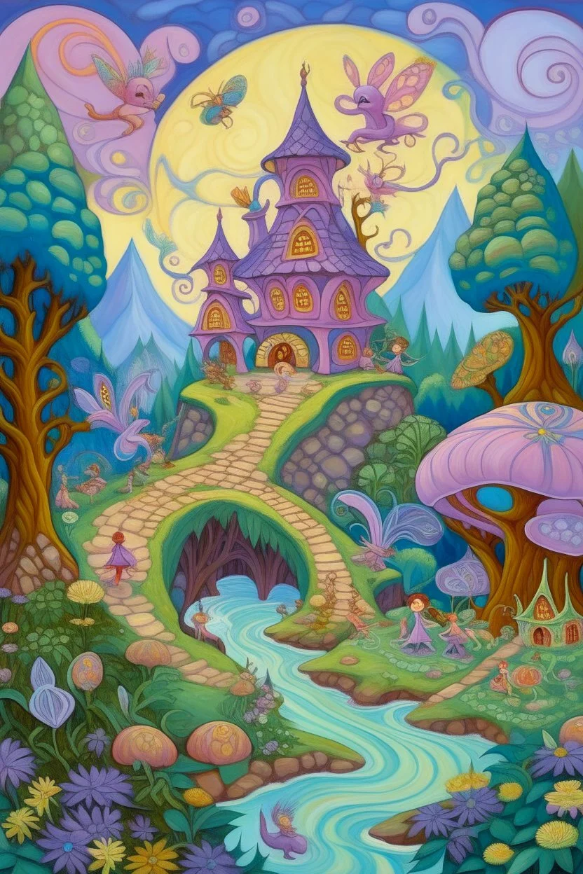 A light purple candy kingdom with fairies painted by Paul Ranson