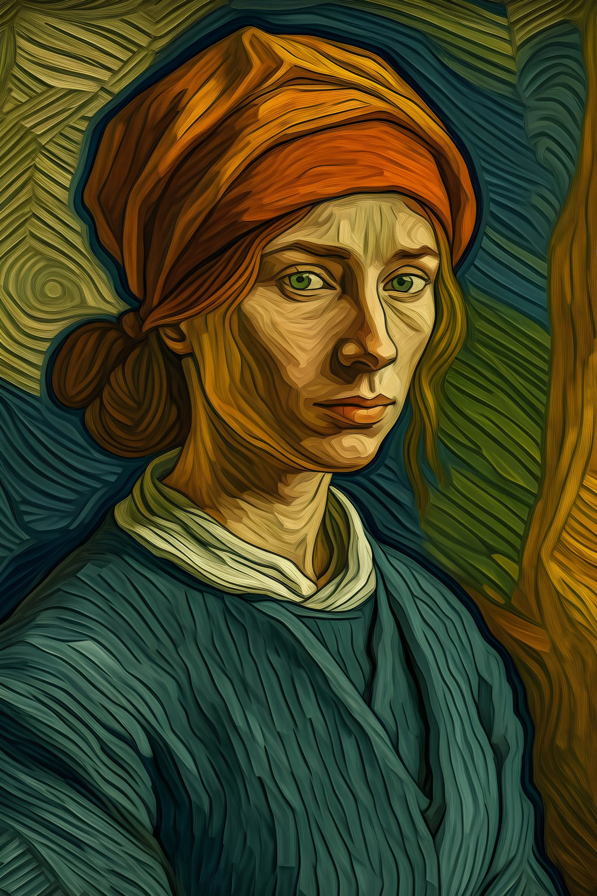 Generar una imagen en el estilo de Vincent van Gogh que represente a la mujer en el mundo laboral.