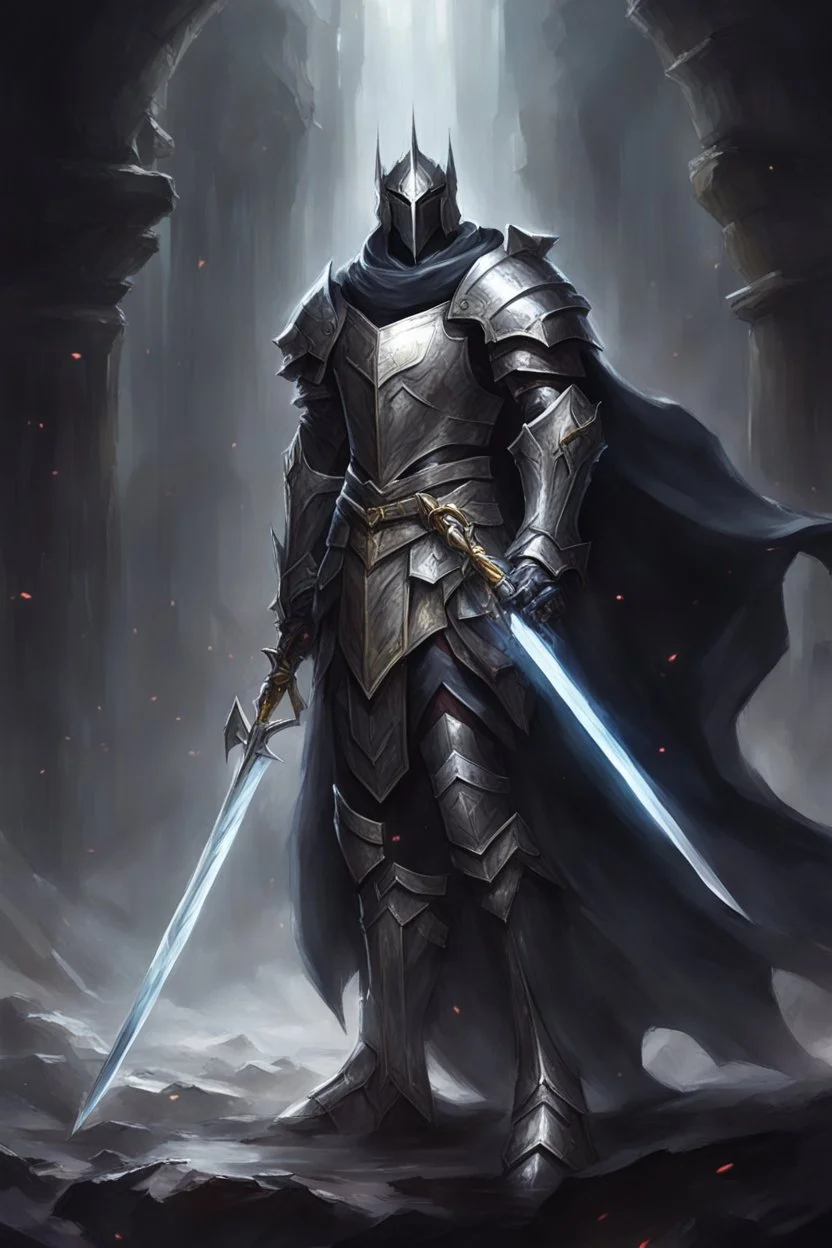 holy knight paladin in dark silver armor and a cape wielding a sword in abyss