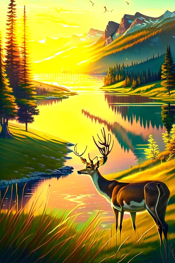 the foreground, a deer on a forest hillside overlooking a lake. Bathed in sunshine, with a lush green meadow, a winding river, and a towering mountain range in the distance. Warm sundown glow, golden hour. Ultra-detailed, with every blade of grass and every leaf rendered in perfect clarity. The colors are vibrant and saturated, with a dreamy, ethereal quality. Stained glass effect. Modifiers: photorealistic award winning cinematic postprocessing watercolor Ink drawing Steve Hanks Nicoletta Cecc