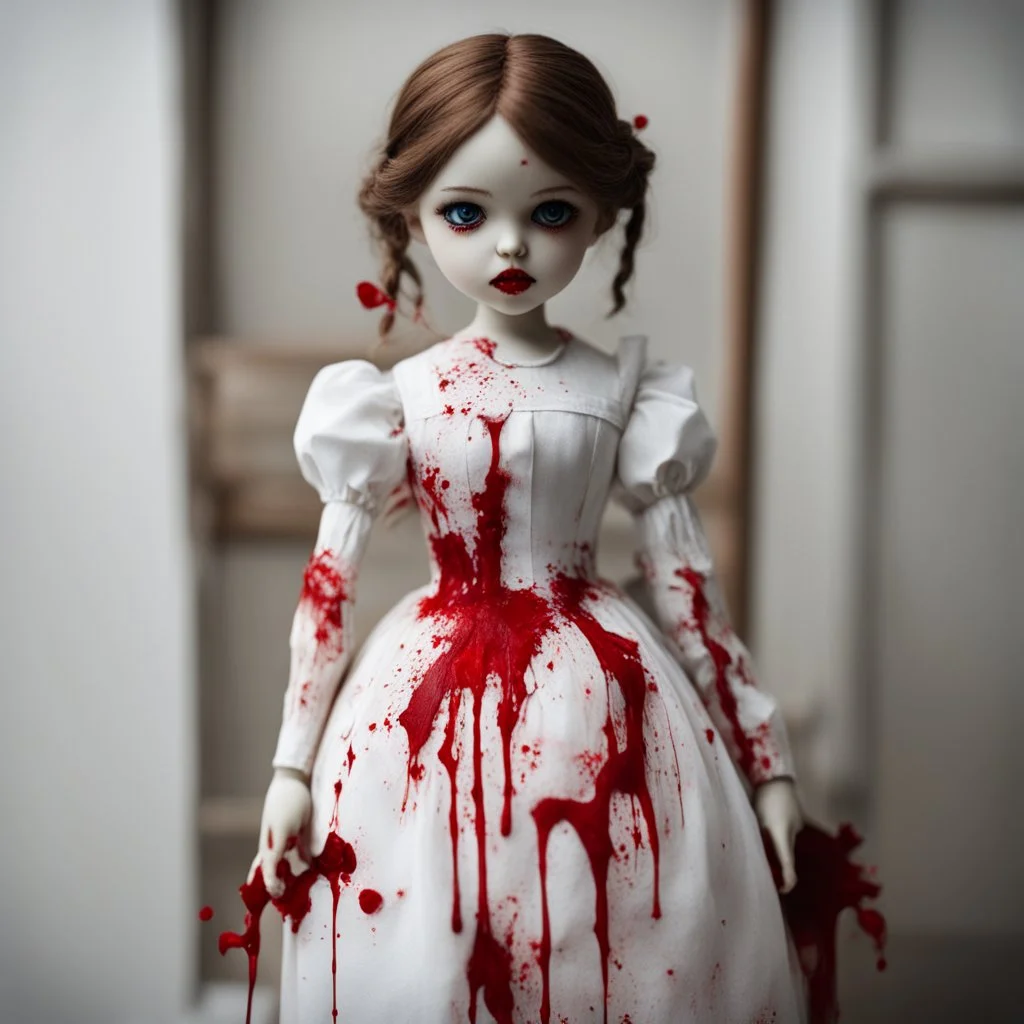 A girl's doll wearing a white dress with red blood bleeding from the back