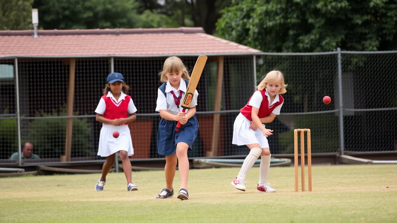 Young schoolgirls playing cricket, award-winning colour photograph